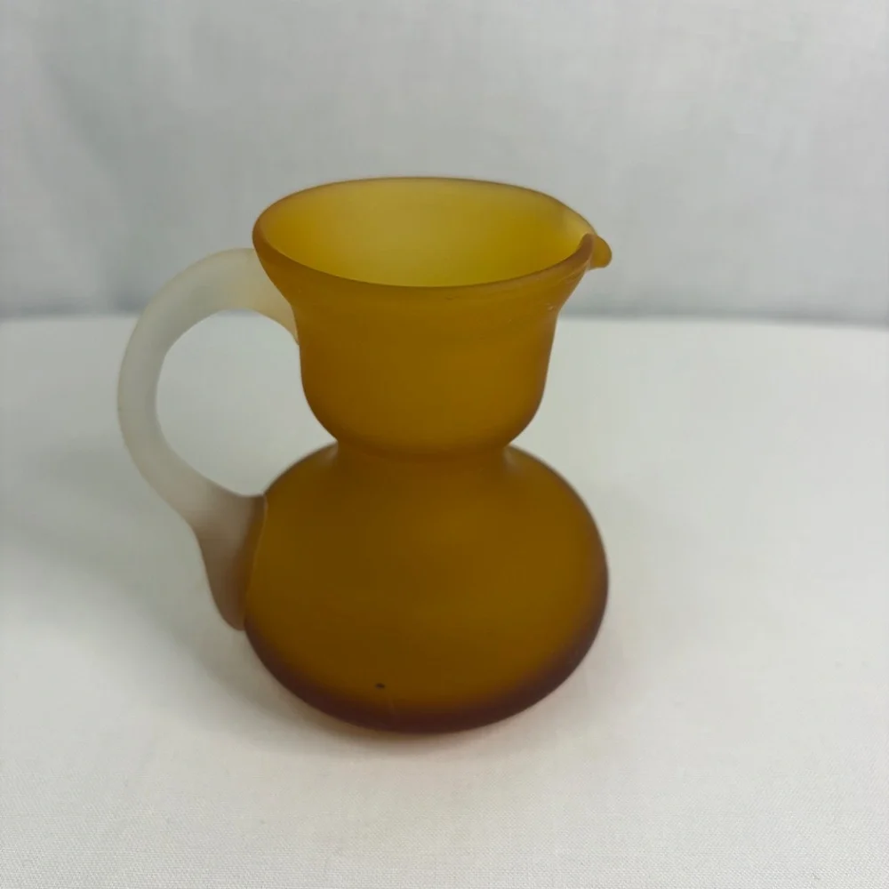 Vintage Hand Blown Pilgrim Satin Frosted Art Glass Amber Handle Mini Pitcher